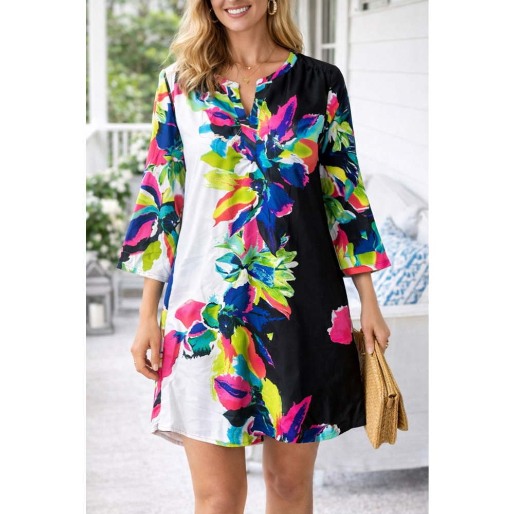Women's Joan Vass Tunic M Floral Black White Multicolor